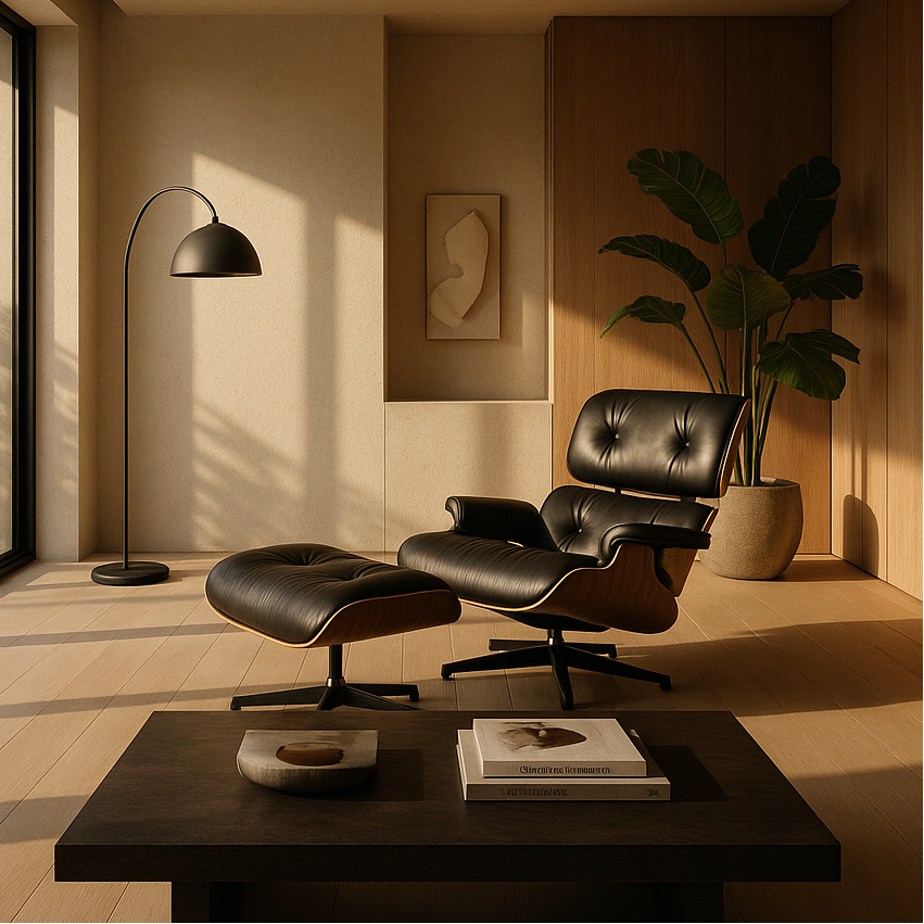 Silla Lounge Eames + Ottoman Réplica - Piel Genuina Negro
