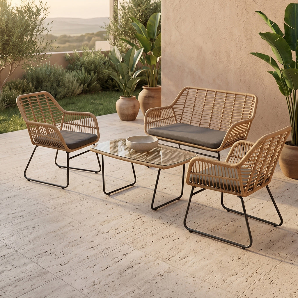 Set 2 Sillas de Exterior de Ratán + Sillón + Mesa Tulum