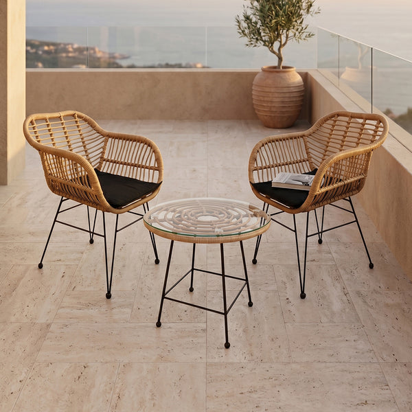 Set de 2 Sillas de Exterior de Ratán Zicatela + 1 Mesa de Centro